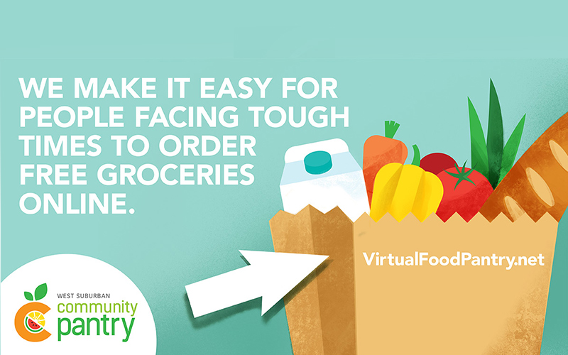 Example of Virtual Food Pantry ad; we make it easy for people facing tough times to order free groceries online.