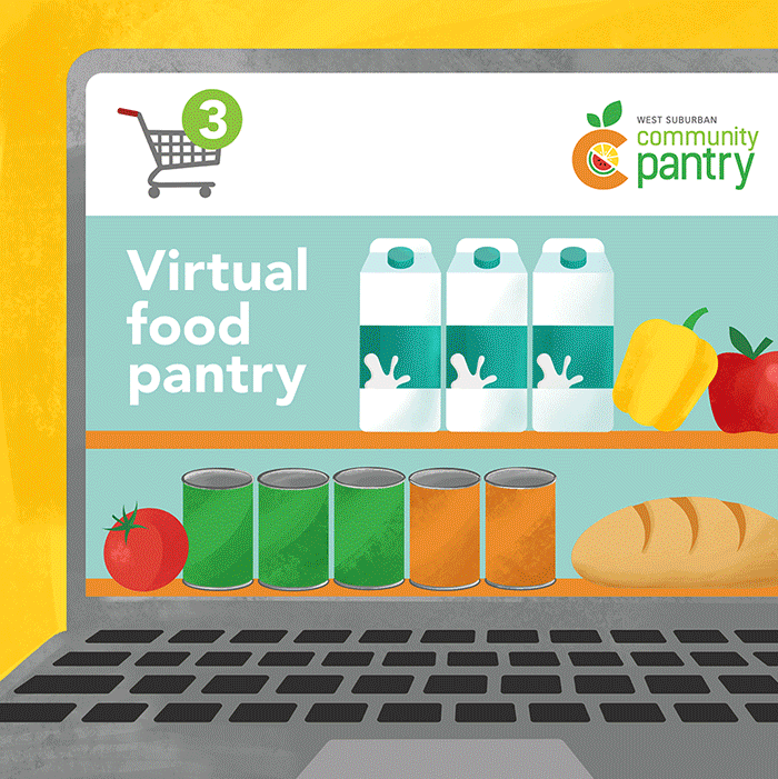 GIF showing various social media posts created for west suburban community pantry